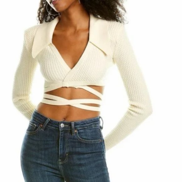 Danielle Bernstein Cropped Wrap Knit Top Tie Front Long Sleeve Cream Size M - Picture 14 of 14
